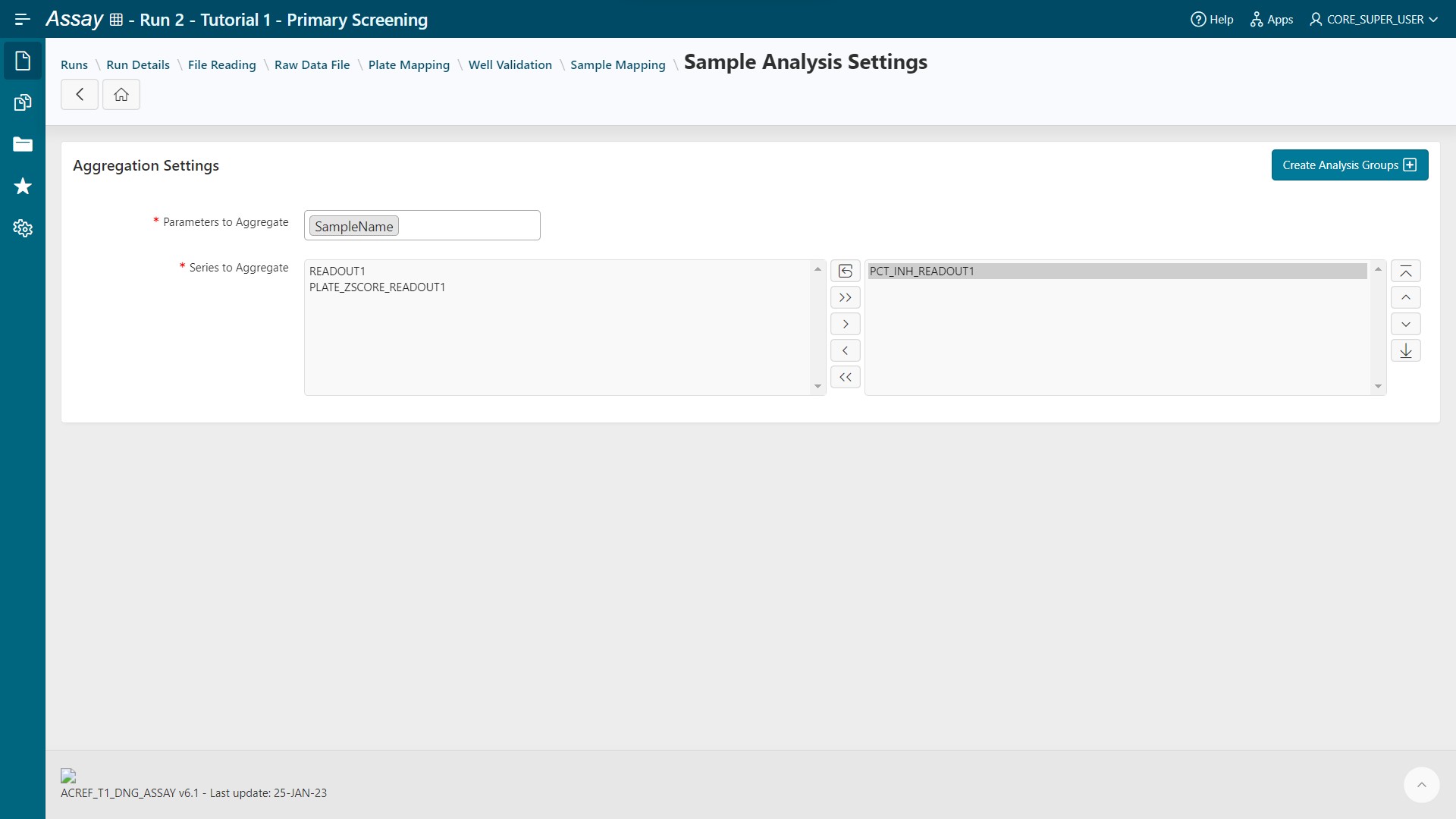 Sample Analysis Settings step: Set aggregation parameters